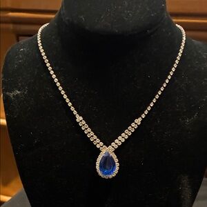 Elegant Blue and Clear Rhinestone Silver Tone Teardrop Necklace